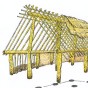 Zeichnung eines Holzhauses, teilweise mit Strohdach. Darunter der Grundriss als schwarze Punkte dargestellt.