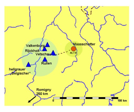 Karte: Inden-Altdorf B. Lage der Rohmaterialgewinnungsstellen in Bezug auf Inden-Altdorf B 