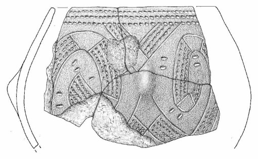Umzeichnung eines rekonstruierten bandkeramischen Gefäßes vom Typ Topf. Das Stück zeicht das typische bandkeramische Verzierungsmuster inklusive der Randverzierung und der Zwickelmuster.