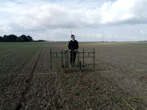 Das Foto zeigt die Verwendung des Bartington-Magnetometers im Vorfeld des Tagebau Garzweiler 