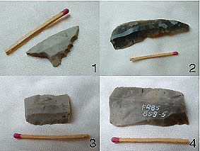 Das Bild zeigt vier ausgewählte Silexartefakte vom Fundort Frimmersdorf 85 aus der Bandkeramik. Oben Links eine Pfeilspitze, oben rechts eine Klinge, unten links eine Lateralretusche und unten rechts einen Sicheleinsatz.