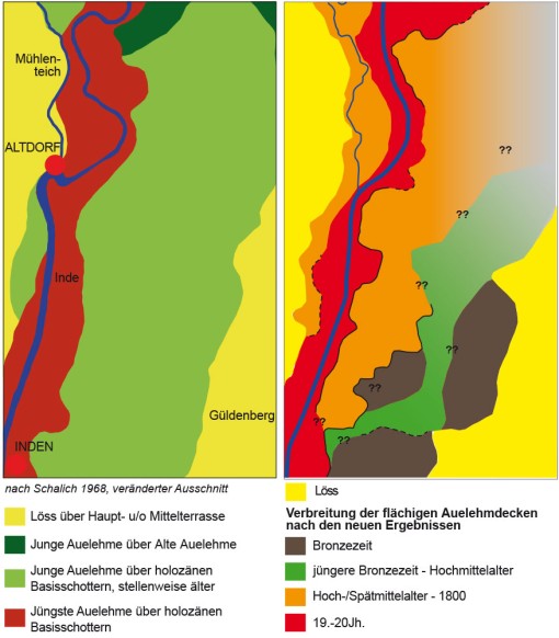 In dieser Karte sind die neuen Ergebnisse der Auelehmverteilung mit den Ergebnissen nach Schalich 1968 gegenüber gestellt. Der Untersuchungsraum ist nach den früheren Untersuchungen aus zwei unterschiedlich alten Auelehmdecken aufgebaut, die sich vornehmlich ab dem Mittelalter aufbauten. Die jüngsten Ablagerungen aus den letzten beiden Jahrhunderten, die direkt beidseitig entlang der Inde liegen, schließen sich seinen Ergebnissen an. Der restliche Auenbereich konnte jedoch weiter differenziert werden und baut sich aus drei weiteren Auelehmdecken auf. Im Groben kann von einer Verjüngung der Ablagerungen von Osten nach Westen gesprochen werden.