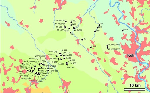 Karte: Das Arbeitsgebiet in der Niederrheinischen Bucht zwischen Köln im Osten, Aachen im Südwesten und Mönchengladbach im Norden. Auf der Karte sind alle Fundplätze eingetragen, aus denen archäobotanisches Material untersucht worden ist.