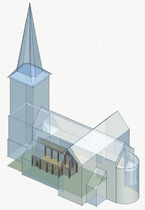 Die Abbildung zeigt ein transparentes Modell der 1973 abgebrochenen Kirche, in das die erste Pfostenkirche aus dem 9. Jahrhundert hinein gezeichnet ist.