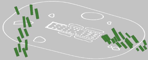 Das Bild zeigt schematisch, wie auf einem linearbandkeramischen Hof der Hausgrundriss aus Pfosten und Wandgraben von Gruben umgeben ist. Außerdem sind verschiedene Systeme der Anordnung von Häusern in Langweiler 8, Kreis Düren, zu sehen.