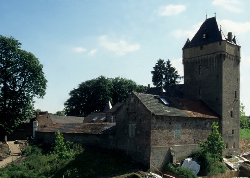Foto von Burg Reuschenberg mit mehreren Wirtschaftsgebäuden aus Backstein im Vordergrund und einem großen Wohnturm rechts im Hintergrund. Über die Wirtschaftsgebäude ragt etwa in der Bildmitte eine weitere Turmspitze hinaus.