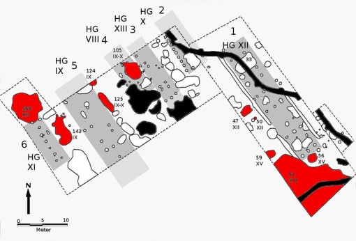 gezeichneter Plan der Siedlung FR 2009/0002. Zu erkennen sind, Pfosten Gruben und Längsgräben.