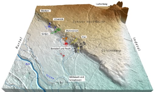 Zu sehen ist ein digitales Modell der Landschaft um Pier vor dem Abbau der Braunkohle; im Vordergrund die so genannte Echtzer Hochfläche und daneben die Täler der Flüsse Rur und Inde. Eingezeichnet sind die archäologischen Schnitte der Ausgrabungen des Pier-Forschungsprojektes, die Ausdehnung der Dörfer Pier, Pommenich und Vilvenich sowie alte Gewässerläufe 