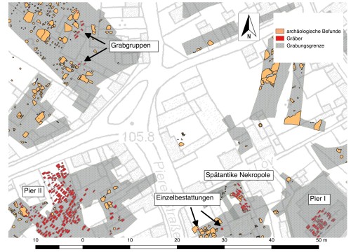 Die Karte zeigt einen Ausschnitt der Ortschaft Pier mit einem Maßstab und einer Legende. Auf der Karte sind die angelegten Ausgrabungsschnitte sowie die darin dokumentierten Bestattungen gekennzeichnet. 