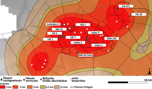 Karte: Mittelneolithische Fundstellen im Bereich der Tagebaue Inden und Hambach. Dargestellt sind Thiessen-Polygone, Isolinien und ob an den Fundstellen Häuser dokumentiert wurden. (Kartengrundlage: DEM200/GeoBasis-DE/BKG 2018). 