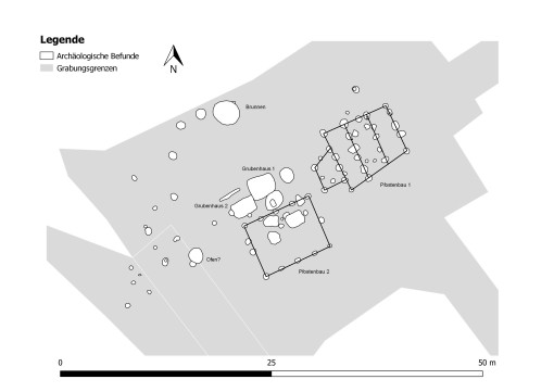 Die Struktur des Siedlungsplatzes: Von Nordwesten nach Südosten befinden sich der Brunnen, zwei Grubenhäuser und darunter zwei Pfostenbauten, von denen einer mehrschiffig ist. Im Westen liegen verstreut einzelne Gruben und ein Ofenbefund. 
