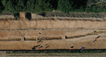 Auf der Abbildung zu erkennen ist der Phasenplan des Gesamtplatzes. Die vorgeschichtlichen Befunde in violett umfassen einige kleine Gruben im Zentrum und im Nordosten. In rot dargestellt sind die römischen Befunde, v. a. eine große (Lehmentnahme-)Grube im Südosten, die Pflasterung St. 801 im Osten und weitere Pfostengruben. Die Merowingerzeit, orange dargestellt, umfasst einen Brunnen im Norden, einen Ofen im Westen, sowie drei Grubenhäuser im Zentrum und weitere Pfostengruben. Karolingerzeitlich, in dunkelbau markiert, heben sich ein Grubenkomplex im Norden, ein Brunnen im Osten und einer im Zentrum hervor. Gleichzeitig ist nicht klar, ob sich der Pfostenbau, welcher sich im Zentrum NO-SW-orientiert, karolingerzeitlich oder hochmittelalterlich datiert wird. Die Laufzeit des zentralen Brunnens erstreckt sich ebenfalls bis ins Hochmittelalter, dazu kommen die Gräben im Süden der Fläche. Neuzeitlich (grün) sind vor allem das Kolluvium im Zentrum und die Lehmentnahmegruben im Osten zu datieren.